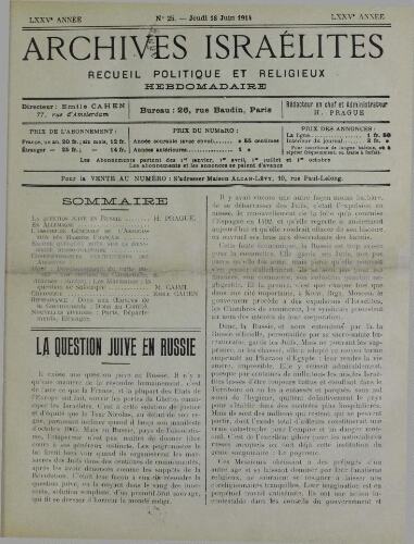 Archives israélites de France. Vol.75 N°25 (18 juin 1914)